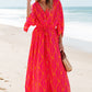 Orange Leafy Print 3/4 Sleeve V Neck Buttoned Split Maxi Dress