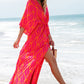 Orange Leafy Print 3/4 Sleeve V Neck Buttoned Split Maxi Dress