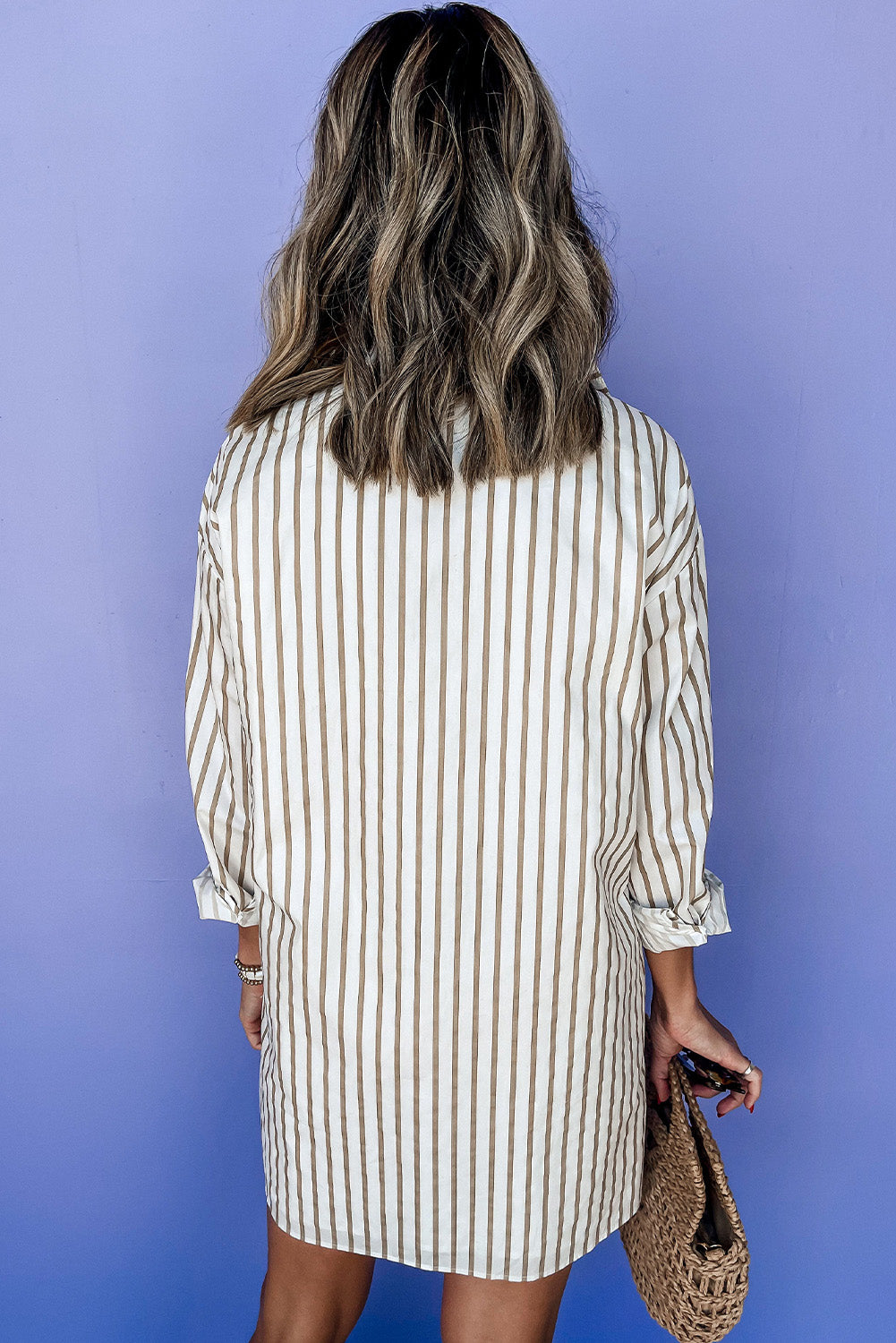 Khaki Stripe Long Sleeve Button Up Mini Shirt Dress