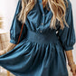 Prussian Blue 3/4 Sleeve Shirred High Waist Buttoned Mini Dress