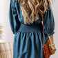 Prussian Blue 3/4 Sleeve Shirred High Waist Buttoned Mini Dress