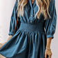 Prussian Blue 3/4 Sleeve Shirred High Waist Buttoned Mini Dress