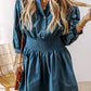 Prussian Blue 3/4 Sleeve Shirred High Waist Buttoned Mini Dress