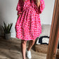 Pink Leopard Print Elasticated V Neck 3/4 Puff Sleeve Dress