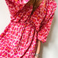 Pink Leopard Print Elasticated V Neck 3/4 Puff Sleeve Dress