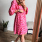 Pink Leopard Print Elasticated V Neck 3/4 Puff Sleeve Dress