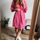 Pink Leopard Print Elasticated V Neck 3/4 Puff Sleeve Dress