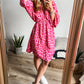 Pink Leopard Print Elasticated V Neck 3/4 Puff Sleeve Dress