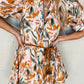 Brown Abstract Printed Puff Sleeve Button Up Braided Belt Mini Dress