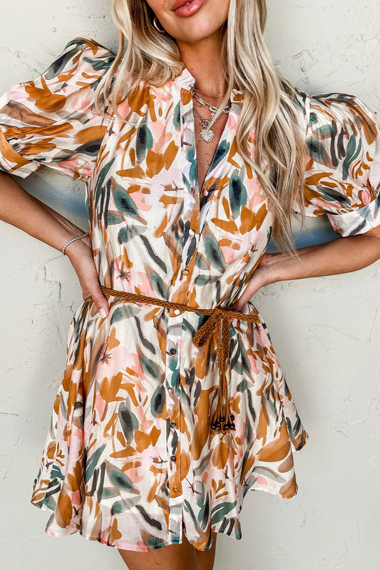 Brown Abstract Printed Puff Sleeve Button Up Braided Belt Mini Dress