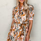 Brown Abstract Printed Puff Sleeve Button Up Braided Belt Mini Dress