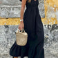 Black V Neck Flutter Sleeve Smocked Bodice High Waist Ruffle Maxi Dress