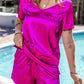 Bright Pink Satin V Neck Tee and Drawstring Shorts Set