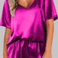 Bright Pink Satin V Neck Tee and Drawstring Shorts Set