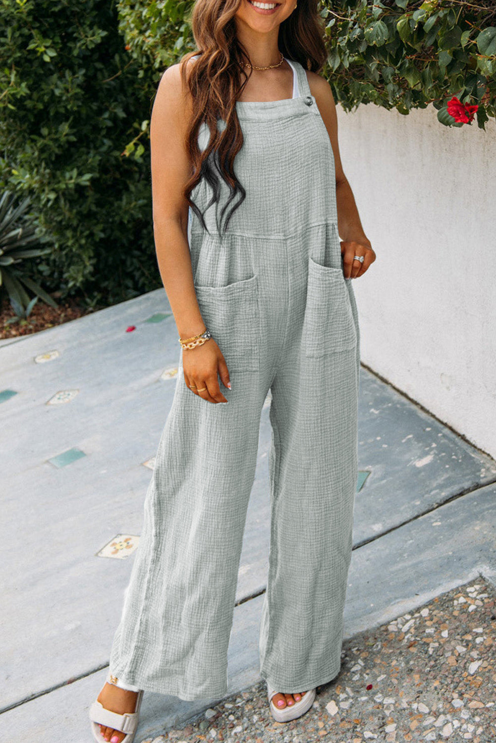 Grey Textured Wide Leg Overall with Pockets