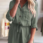 Jungle Green Roll up Sleeve Flap Pockets Drawstring Playsuit