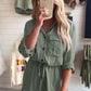 Jungle Green Roll up Sleeve Flap Pockets Drawstring Playsuit