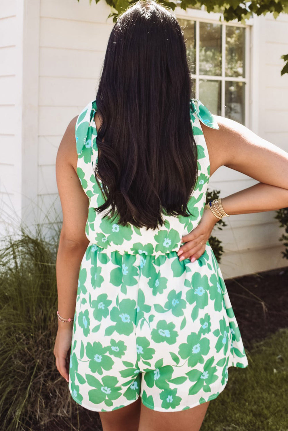 Green Flower Print Knotted Straps Square Neck Romper