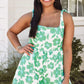 Green Flower Print Knotted Straps Square Neck Romper