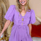 Wisteria Bow Decor Front V Neck Puff Sleeve Romper