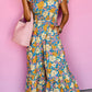 Yellow Floral Allover Print Shirred Cut Out High Waist Jumpsuit