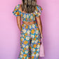 Yellow Floral Allover Print Shirred Cut Out High Waist Jumpsuit