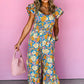 Yellow Floral Allover Print Shirred Cut Out High Waist Jumpsuit