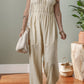 Beige Ruched High Waist Sleeveless Wide Leg Jumpsuit