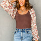 Coffee Ribbed Knit Floral Bubble Sleeve Bodysuit