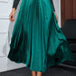 Blackish Green Satin Elastic Waist Pleated Maxi Skirt