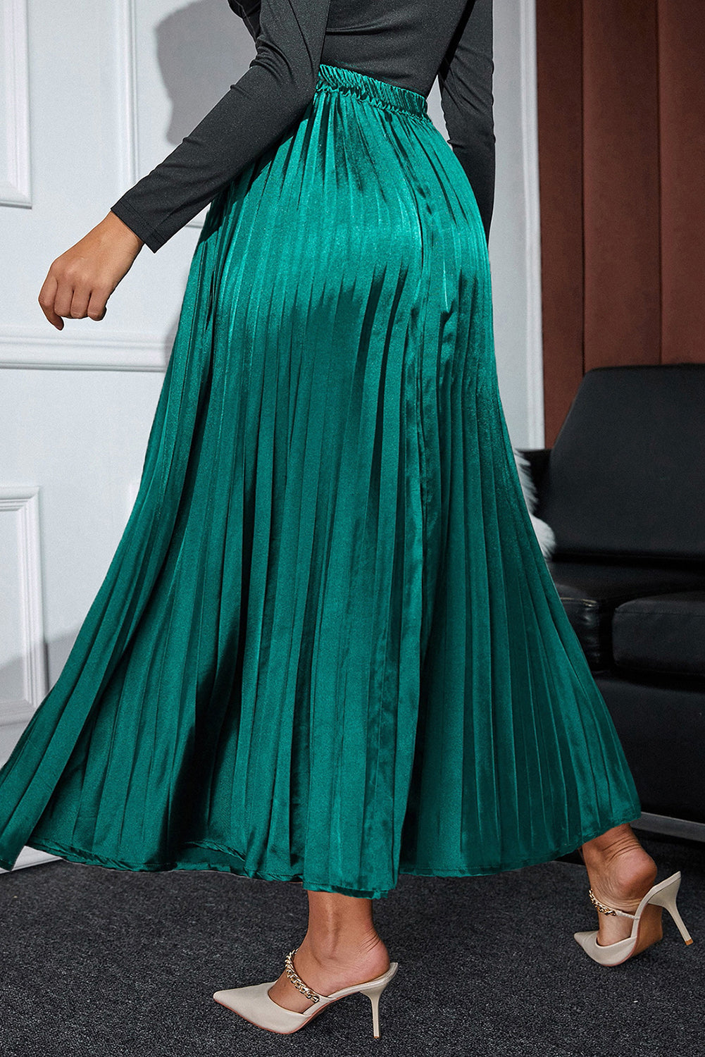 Emerald green satin maxi skirt best sale