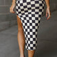 White Checkered Print Side Slit High Waist Midi Skirt