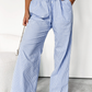 Sky Blue Stripe Wide Leg Buttoned Lace up Elastic High Waist Pants