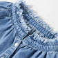 Sky Blue Frilled Raw Hem Half Buttoned Denim Top