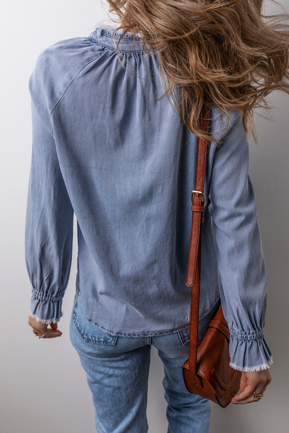 Sky Blue Frilled Raw Hem Half Buttoned Denim Top