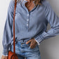 Sky Blue Frilled Raw Hem Half Buttoned Denim Top