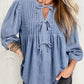 Myosotis Denim Front Pintuck Bow Tie Puff Sleeve Top