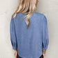 Myosotis Denim Front Pintuck Bow Tie Puff Sleeve Top