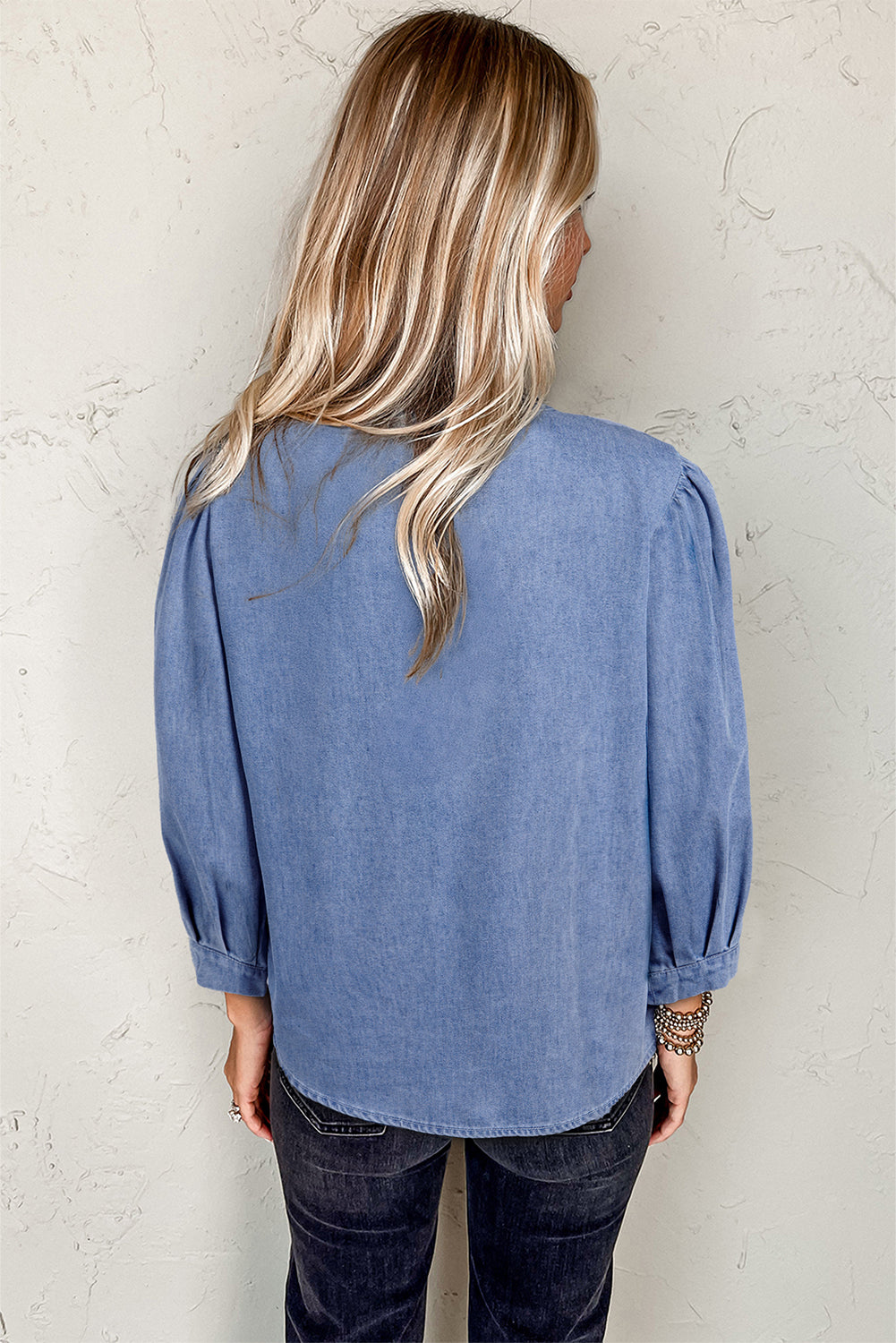 Myosotis Denim Front Pintuck Bow Tie Puff Sleeve Top