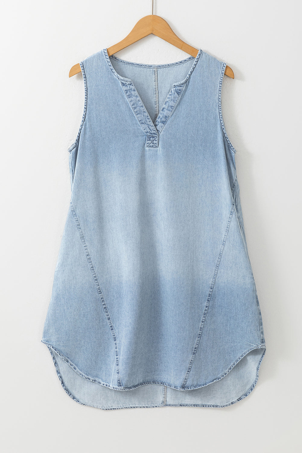 Beau Blue Light Wash Split Neck Sleeveless Chambray Dress