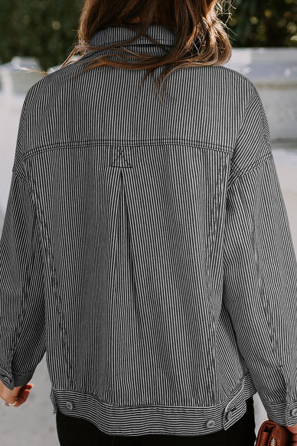 Stripe Washed Oversize Pocketed Denim Jacket