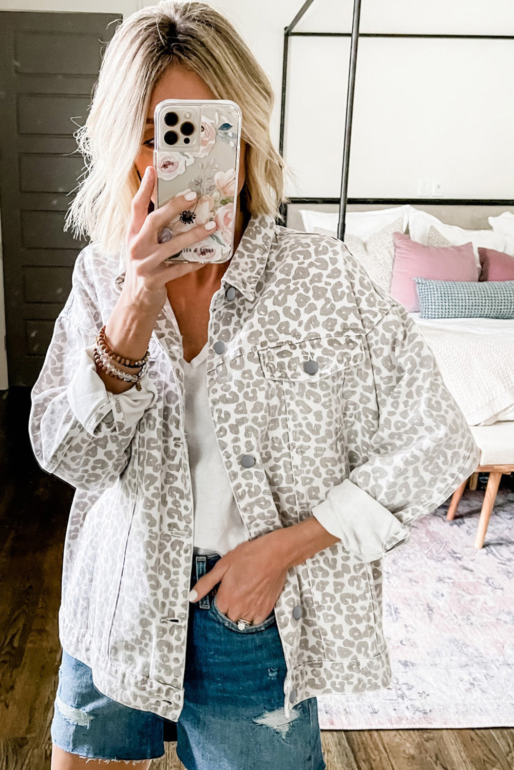 White Leopard Printed Flap Pocket Denim Jacket Dainty Dot Wear