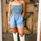 Beau Blue Spaghetti Strap Smocked Denim Romper