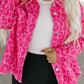 Pink Leopard Print Button Cuffs Raw Hem Jacket