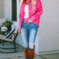 Pink Leopard Print Button Cuffs Raw Hem Jacket