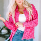 Pink Leopard Print Button Cuffs Raw Hem Jacket