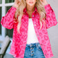 Pink Leopard Print Button Cuffs Raw Hem Jacket