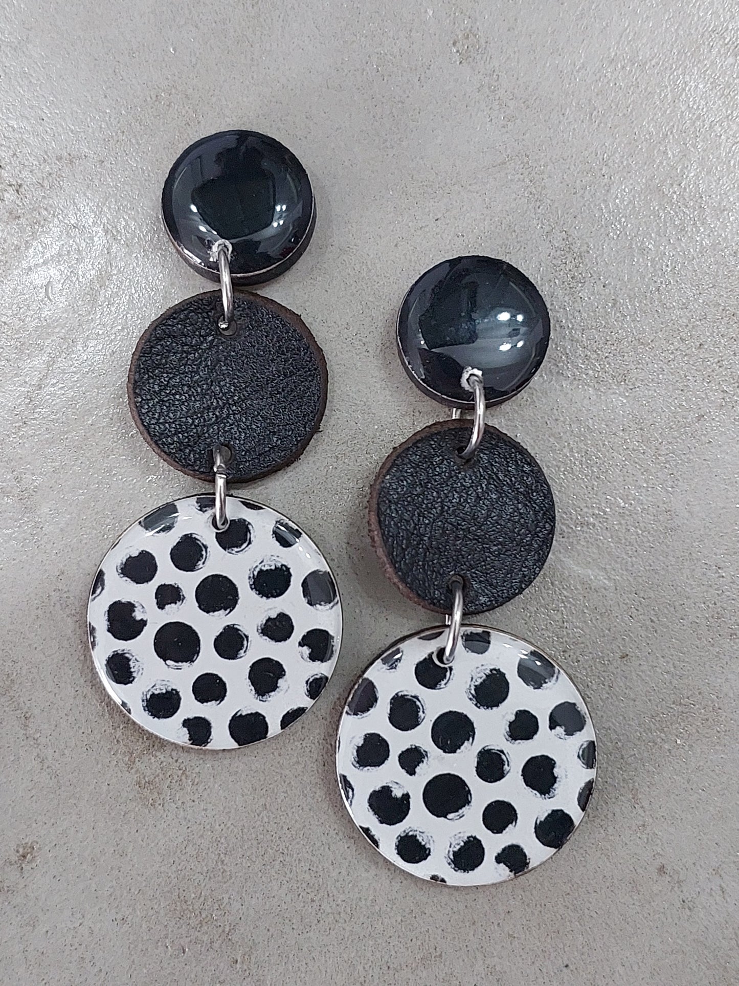 Black Abstract Dots With Leather and Wood Earrings