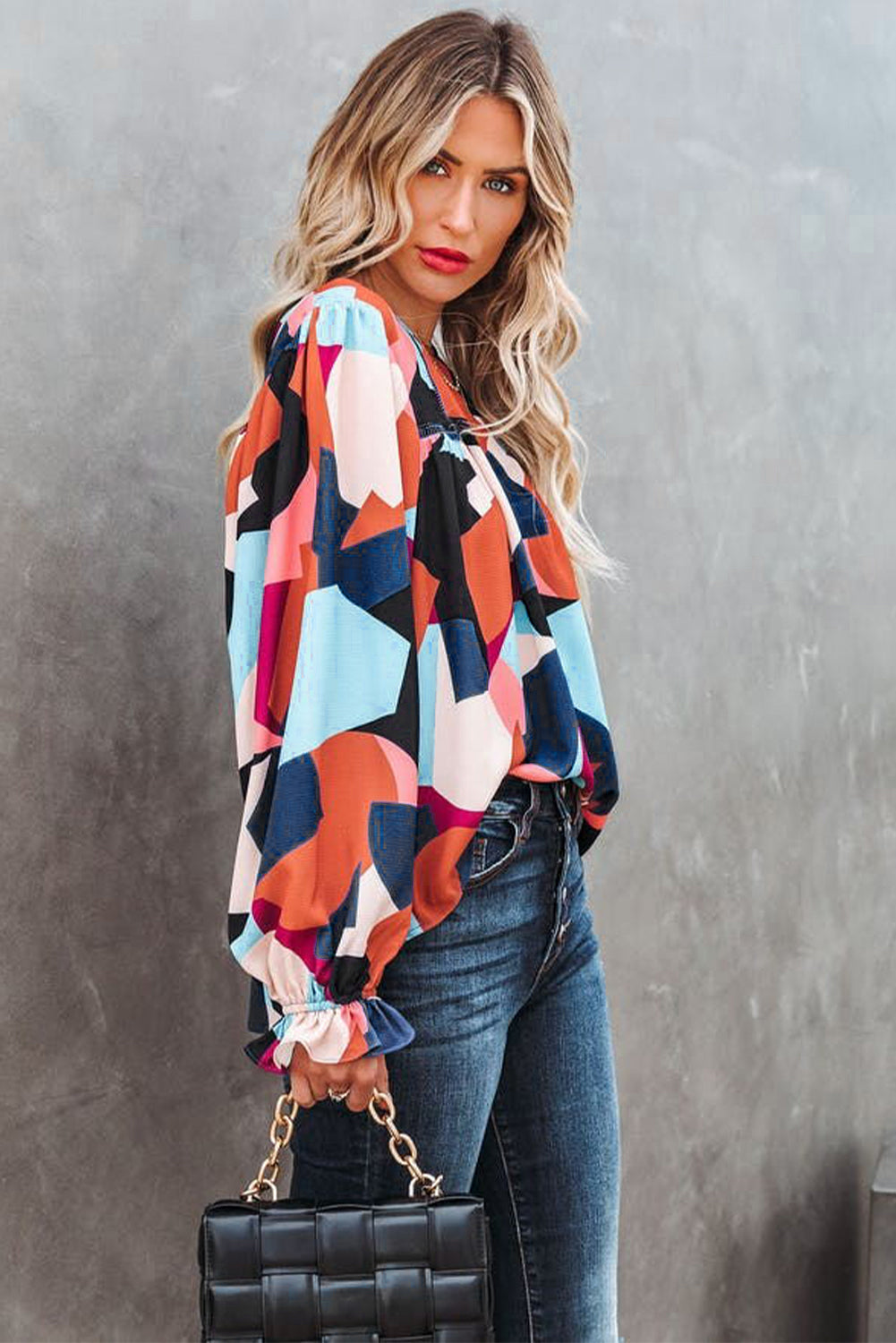 Abstract Pattern Crewneck Ruffled Puff Sleeve Blouse