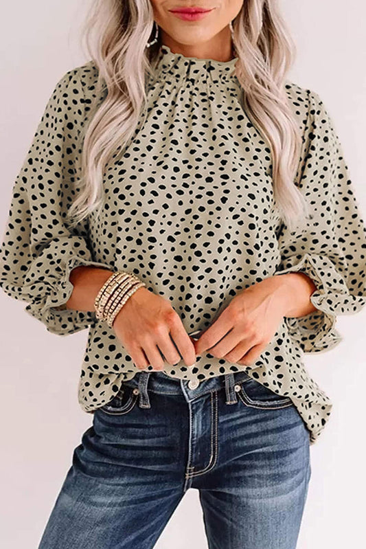 Khaki Frilled Neck 3/4 Sleeves Cheetah Blouse (Loose fit)